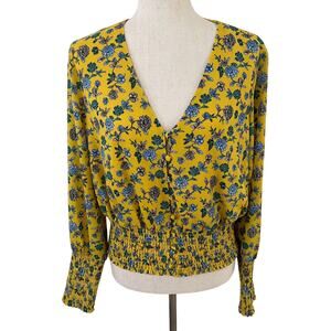 Scripted V-Neck Yellow Floral Blouse Sz L